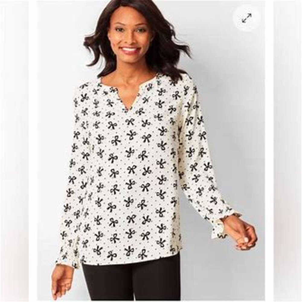 Talbots Smocked-Sleeve Bow Top Women's Size XL Casual Cottage Core Black/Cream